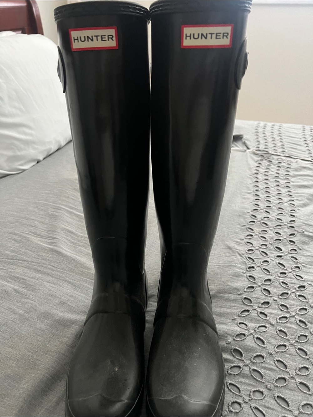 Hunter Black Tall Gloss Rain Boots with Logo Trim